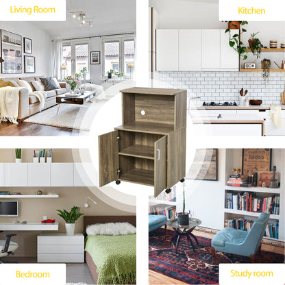 HOMCOM Kitchen Storage Unit, Modern Microwave Stand Trolley Cart, Sideboard with Cabinet,  Locking Wheels, Shelf for Living Room, Dining Room, Oak Tone 