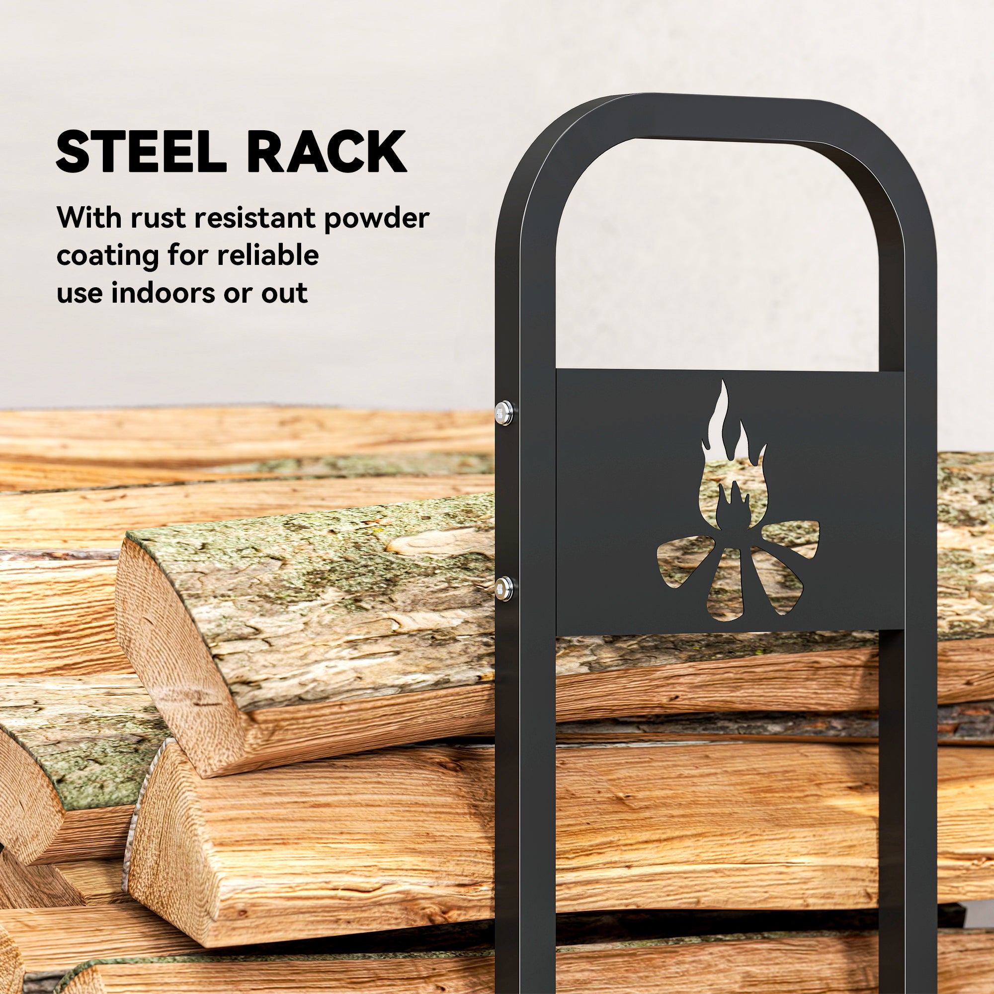 Outsunny 6.5 FT Steel Firewood Log Rack with 300 kg Capacity, Heavy Duty Indoor Outdoor Fireplace Wood Storage Shelf, Log Holder/Stand with Extra Support Legs, Decorative Bonfire Pattern, Black 