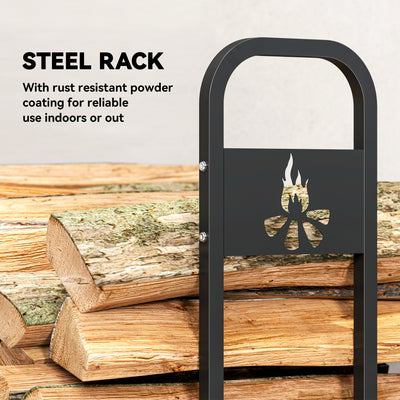 Outsunny 6.5 FT Steel Firewood Log Rack with 300 kg Capacity, Heavy Duty Indoor Outdoor Fireplace Wood Storage Shelf, Log Holder/Stand with Extra Support Legs, Decorative Bonfire Pattern, Black 
