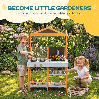 AIYAPLAY Mud Kitchen for Kids, Outdoor Wooden Play Kitchen with Sink, Stove, Cookware, Shelves, Pretend Play Toy for Ages 3-8 
