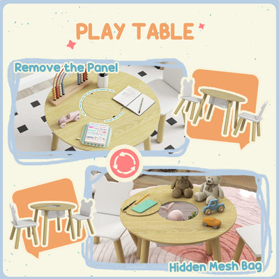 AIYAPLAY 3-Piece Kids Activity Table Set with Centre Mesh Bag, Bear-Shaped Backrest, for Arts and Crafts, Reading, Dining 