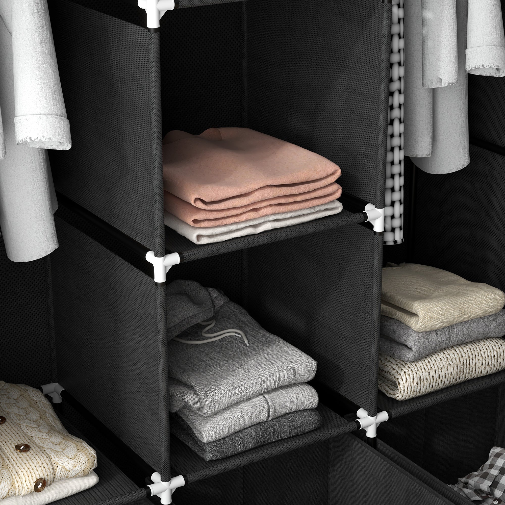 HOMCOM Foldable Fabric Wardrobe for Bedroom, Portable Wardrobe with 5 Shelves, 2 Hanging Rails and 3 Fabric Drawers, Black 