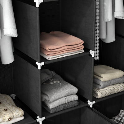 HOMCOM Foldable Fabric Wardrobe for Bedroom, Portable Wardrobe with 5 Shelves, 2 Hanging Rails and 3 Fabric Drawers, Black 