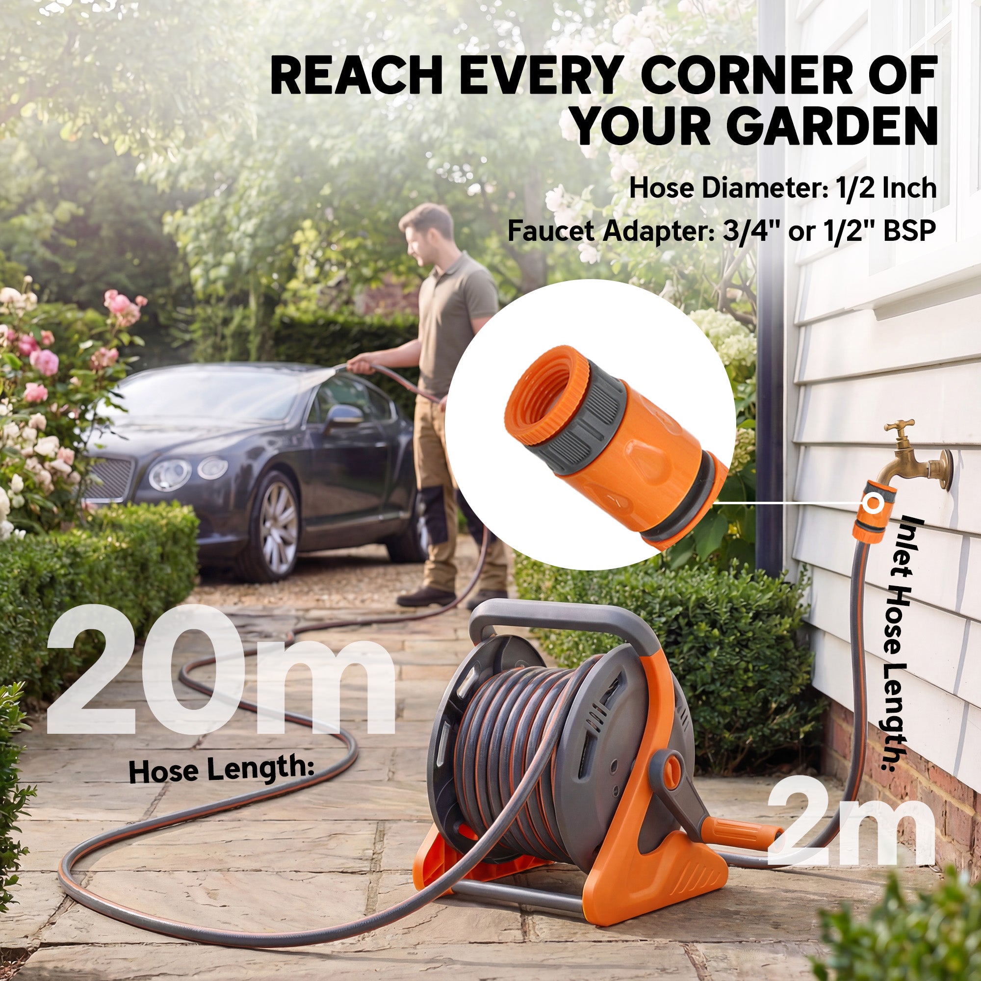 Outsunny Portable Garden Hose Reel, 20+2 m Wall Mounted Hose Reel with 2 Patterns Spray Nozzle and Crank Handle, Orange 