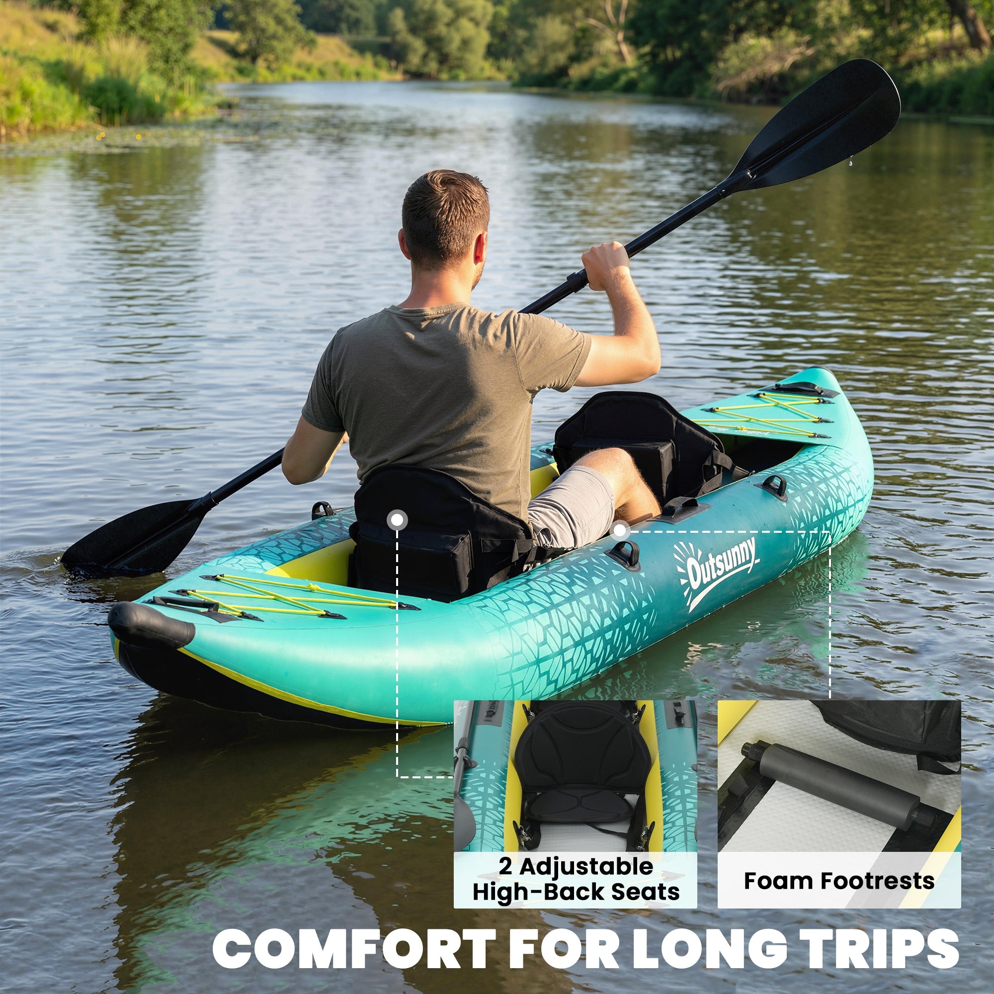Outsunny 12.5' Inflatable Kayak Set, 2-person Sit on Canoe with Aluminium Oars, Blue and Yellow 