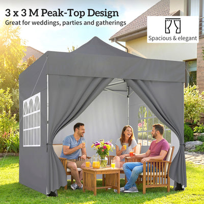 Outsunny 3 x 3 m Pop Up Gazebo with Sidewalls, UPF50+ Heavy Duty Garden Party Tent Marquee with Wheeled Carry Bag, Dark Grey 