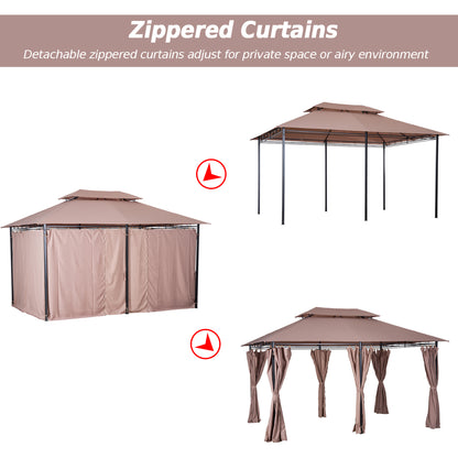Outsunny 4m x 3(m)Garden Gazebo, Double Roof Outdoor Gazebo Canopy Shelter with Curtains, Solid Steel Frame for Patio, Garden, Brown 