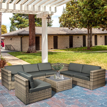 Outsunny 8 Pieces Outdoor PE Rattan Sofa Set with Cushions, Patio Garden Furniture Sets with Glass Top Coffee Table, Storage Corner Table, Mixed Brown 