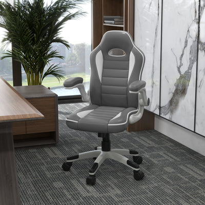 Vinsetto Computer Gaming Chair, Office Desk Swivel Chair, PU Leather Racing Chair with 90\'c2\'b0 Flip-up Armrest, Adjustable Height and Rolling Wheels, Grey 