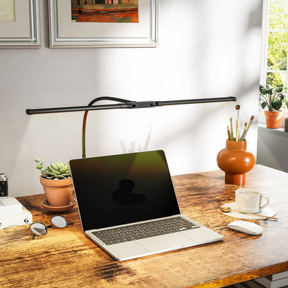 HOMCOM LED Desk Lamp with Clamp, Double Head Table Lamp with 3 Colour Modes & 10 Brightness Levels, Flexible Gooseneck Reading Desk Light with Timer and Memory Function for Study, Office, Work, Black