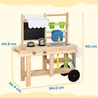 AIYAPLAY Mud Kitchen with Real Water Faucet Pretend Play Kitchen Playset with Sink and Storage Natural Wood 