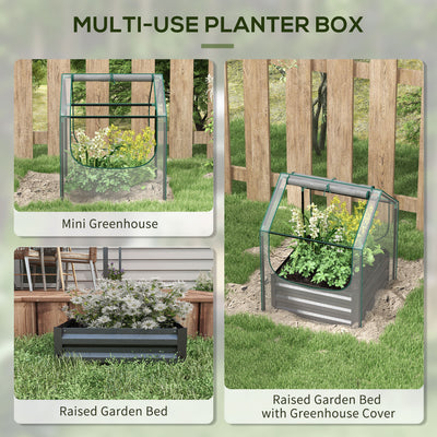 Outsunny Metal Planter Box with Cover, Raised Garden Bed with Greenhouse, for Herbs and Vegetables, Clear and Dark Grey 