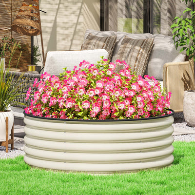 Outsunny Galvanised Raised Garden Bed with Safety Edging, Outdoor Raised Planter Box with Gloves, 120 x 120 x 43cm, Cream White 