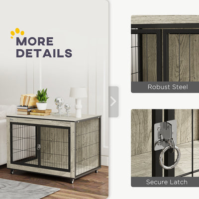 PawHut Dog Crate Furniture with Wheels, Double Doors, for Medium Dogs, 80 x 56 x 62.5cm, Grey 