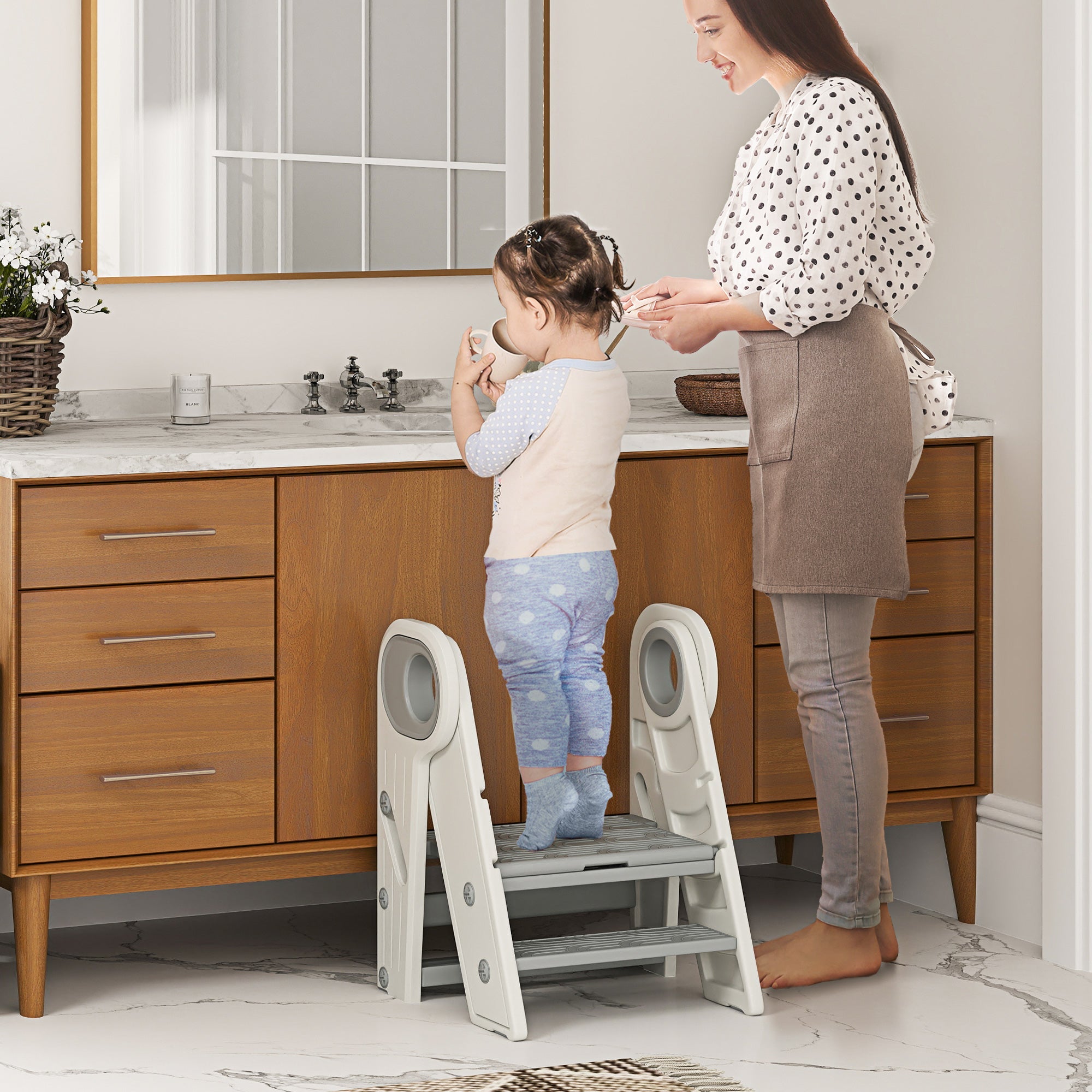 AIYAPLAY Foldable and Adjustable Toddler Tower with Handle, Non-Slip, Grey 