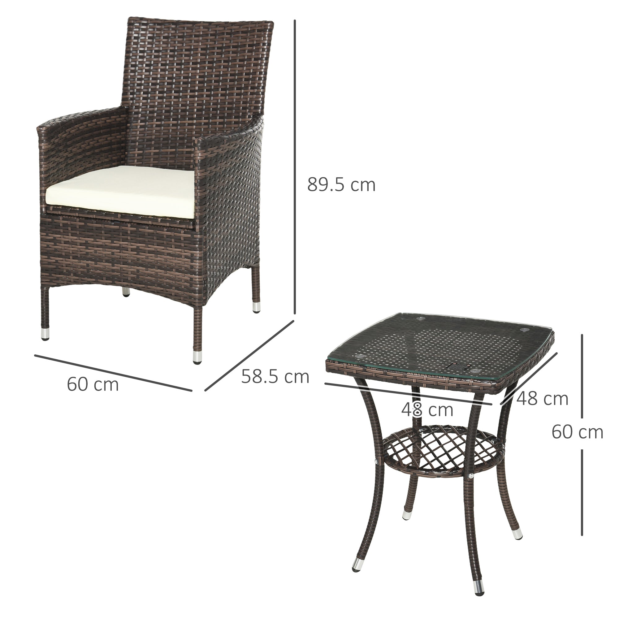 Outsunny Three-Piece Rattan Chair Set, with Cushions - Brown 