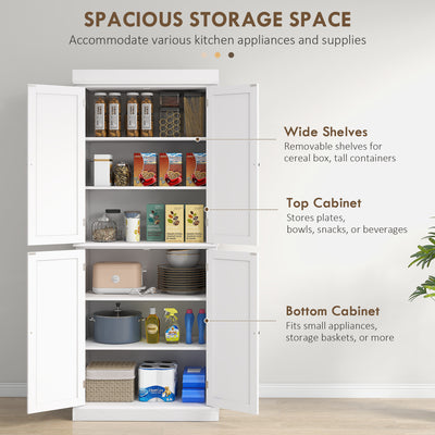 HOMCOM Freestanding Kitchen Cupboard with 4 Doors, Storage Cabinet with 6-Tier Shelving and 4 Adjustable Shelves, White 