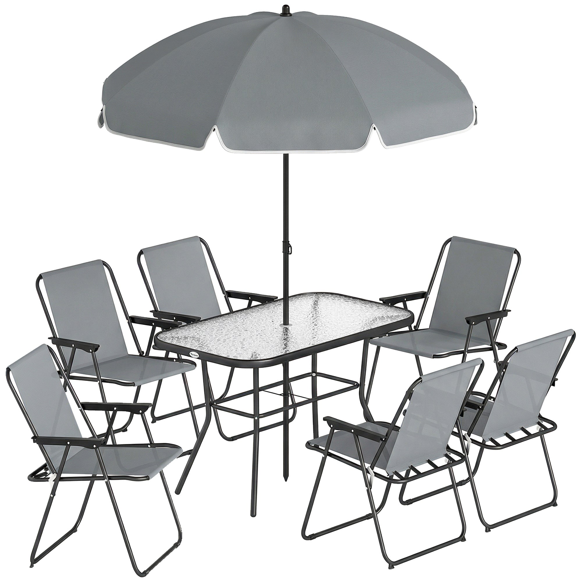 Outsunny 8 Piece Garden Dining Set with Umbrella, Garden Furniture Set with 6 Folding Chairs, Tempered Glass Table for Patio Grey 