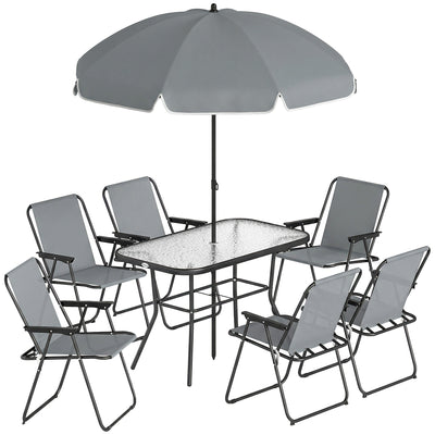 Outsunny 8 Piece Garden Dining Set with Umbrella, Garden Furniture Set with 6 Folding Chairs, Tempered Glass Table for Patio Grey 