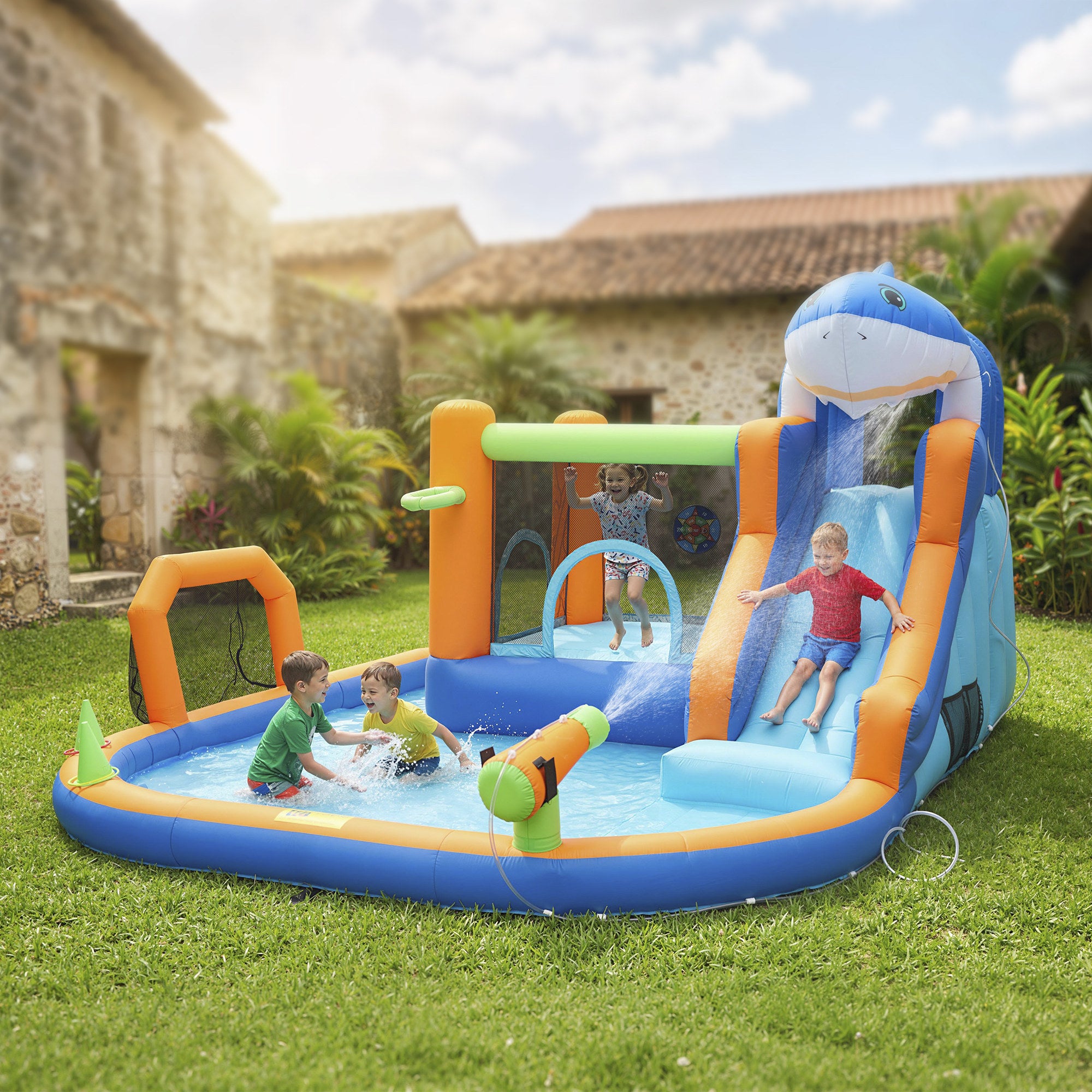 AIYAPLAY Inflatable Bouncy Castle for Kids, Sharks Theme Jumping Bounce House with Slide, Climbing Wall for Indoor Outdoor 