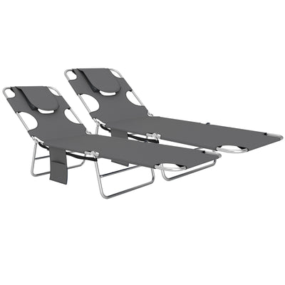 Outsunny Foldable Sun Lounger Set of 2, Beach Chaise Lounge with Reading Hole, Arm Slots, 5-Position Adjustable Backrest, Side Pocket, Pillow for Garden, Beach, Pool, Dark Grey 