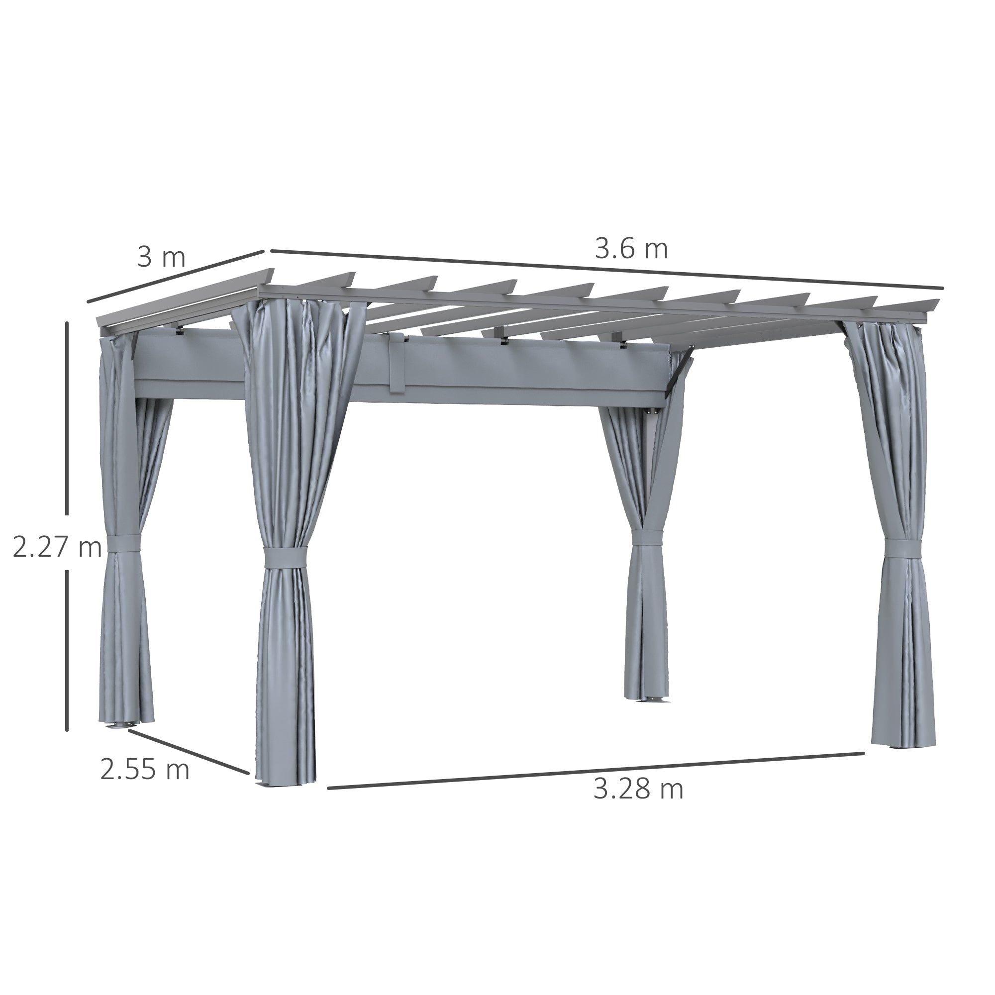 Outsunny 3.6 x 3(m) Outdoor Pergola with Retractable Roof and Curtains, Garden Gazebo Canopy Sun Shade Shelter with Aluminum Frame, Dark Grey 
