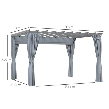 Outsunny 3.6 x 3(m) Outdoor Pergola with Retractable Roof and Curtains, Garden Gazebo Canopy Sun Shade Shelter with Aluminum Frame, Dark Grey 
