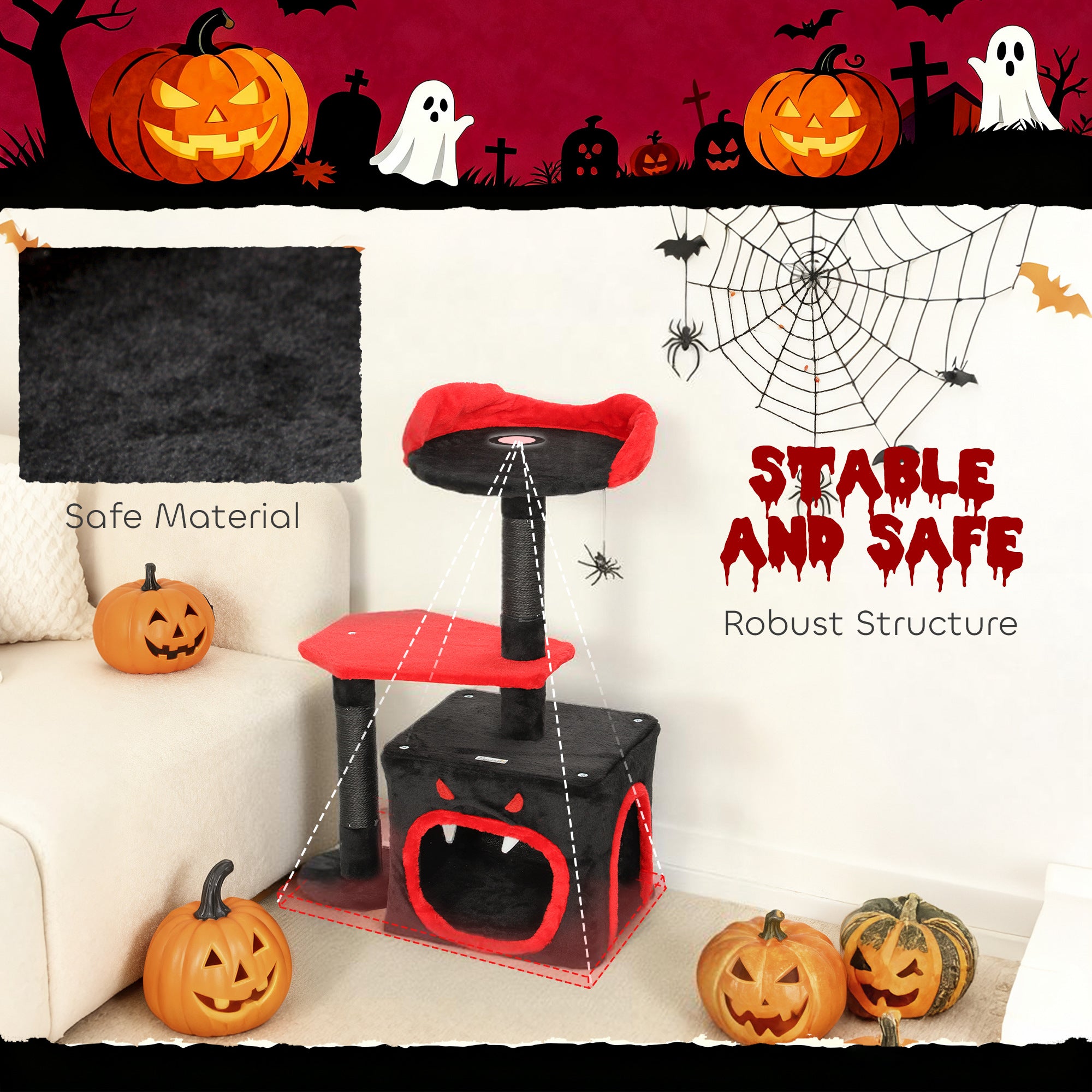 PawHut Cat Tree, Gothic Cat Tower with Scratching Posts, Cute Condo, Coffin Platform, Bed and Spider Toy, Halloween 