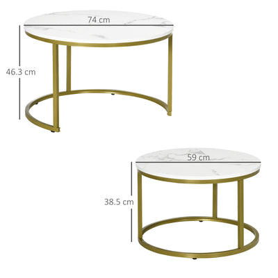 HOMCOM Coffee Table Set of 2, Round Nest of Tables with Faux Marble Tabletop and Metal Frame, Modern Side Tables for Living Room, White 