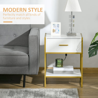 HOMCOM Bedside Table, Modern Side Table with Drawer and Shelf, Nightstand for Bedroom, White 