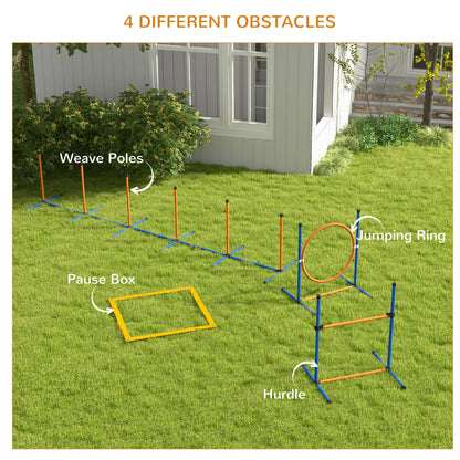 PawHut Dog Agility Training Equipment with Weave Poles, Jump Ring, Pause Box, Adjustable Hurdle, Carry Bag, Orange