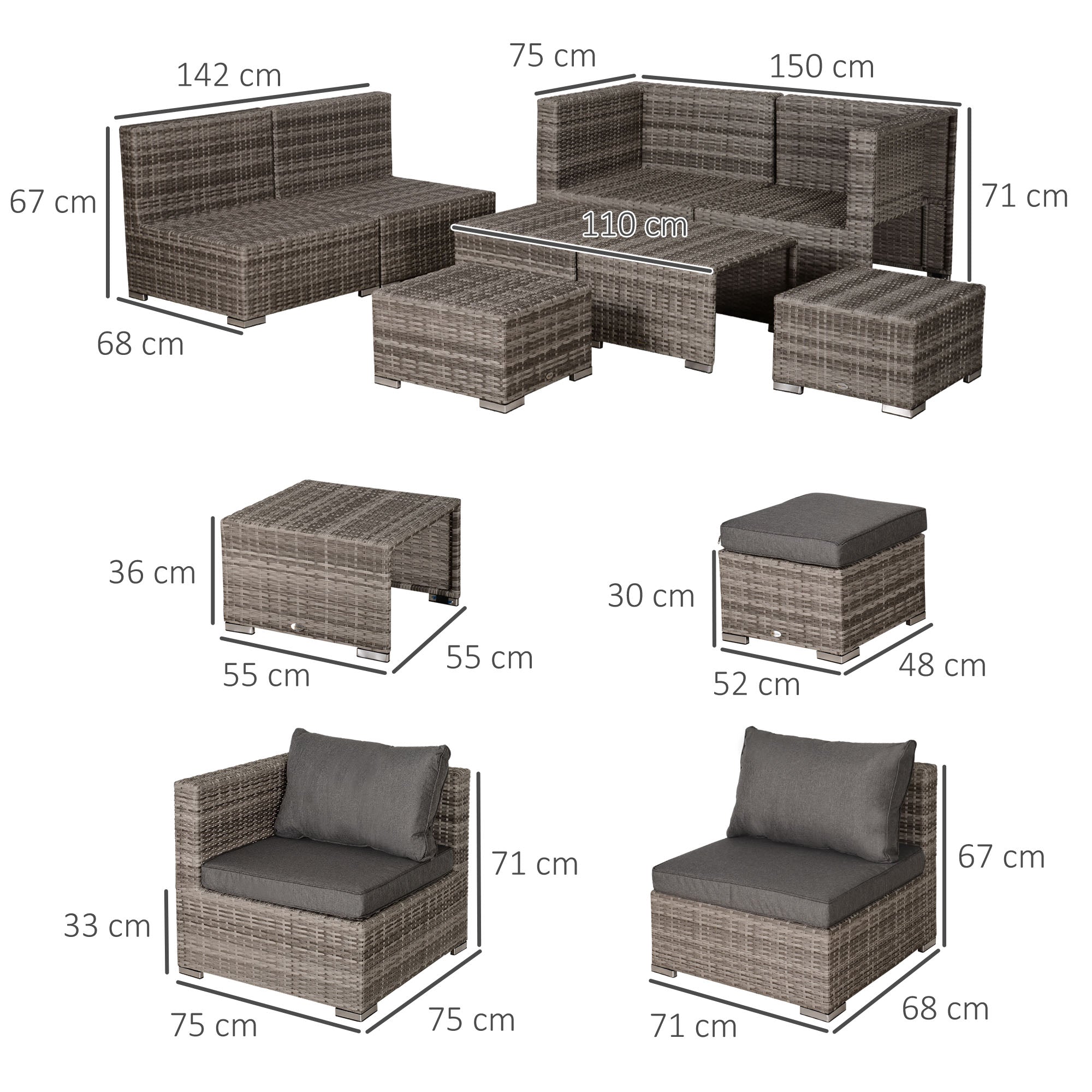 Outsunny 8 Pieces Rattan Garden Furniture Set, Garden Corner Sofa Set with 4 Chairs, 2 Footstools, 2 Coffee Tables and Cushions, Space-Saving Design, No Assembly Required, Grey 