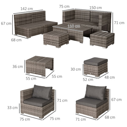 Outsunny 8 Pieces Rattan Garden Furniture Set, Garden Corner Sofa Set with 4 Chairs, 2 Footstools, 2 Coffee Tables and Cushions, Space-Saving Design, No Assembly Required, Grey 