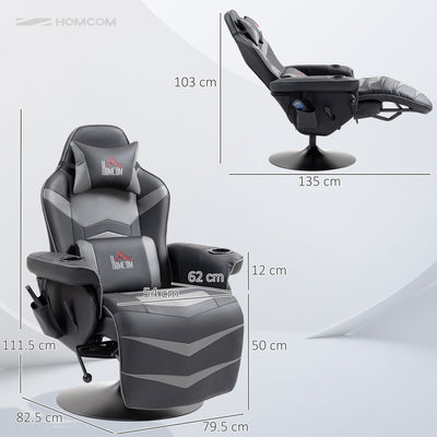 HOMCOM Massage Recliner Chair with Remote, PU Leather Recliner Armchair with Cup Holders and Side Pockets, Racing Style Reclining Chair with Headrest, 360° Swivel, Lumbar Support, Grey 
