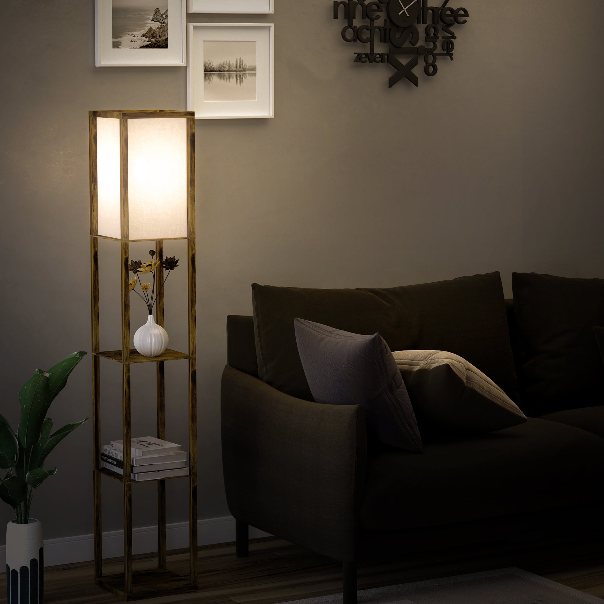 HOMCOM 3-Tier Floor Lamp, Floor Light with Storage Shelf, Reading Standing Lamp with Acrylic Shade for Living Room, Bedroom, Kitchen, Dining Room, Office, Dorm, 160cm, Brown 