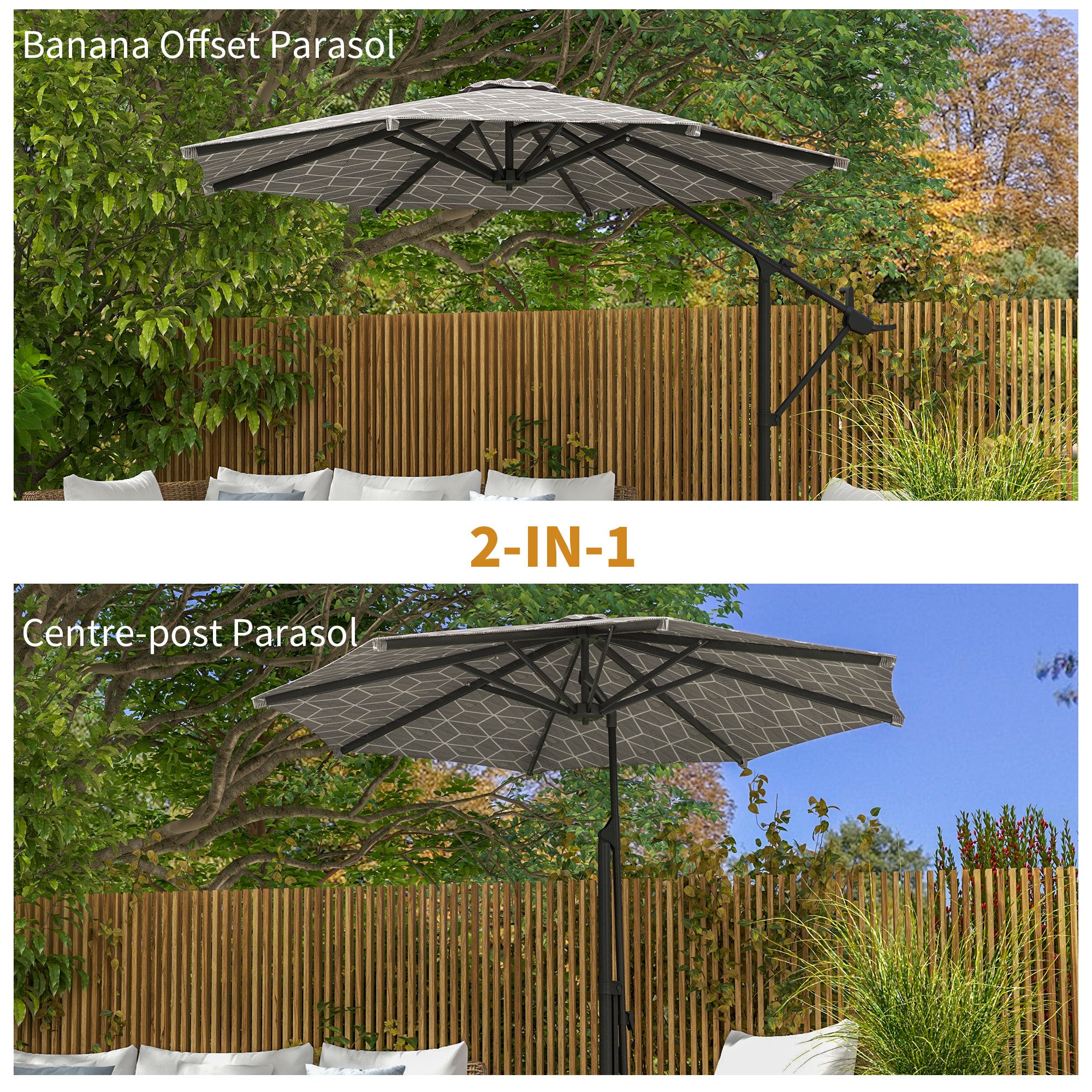Outsunny 3(m) Convertible Cantilever Parasol and Centre-post Garden Parasol with Cross Base, 360\'c2\'b0 Rotation Banana Parasol with Crank Handle and 8 Ribs, Hanging Patio Umbrella, Black and White