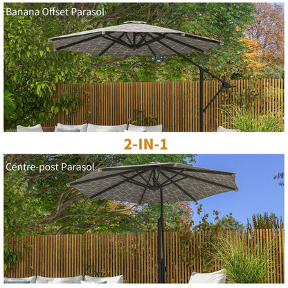 Outsunny 3(m) Convertible Cantilever Parasol and Centre-post Garden Parasol with Cross Base, 360\'c2\'b0 Rotation Banana Parasol with Crank Handle and 8 Ribs, Hanging Patio Umbrella, Black and White