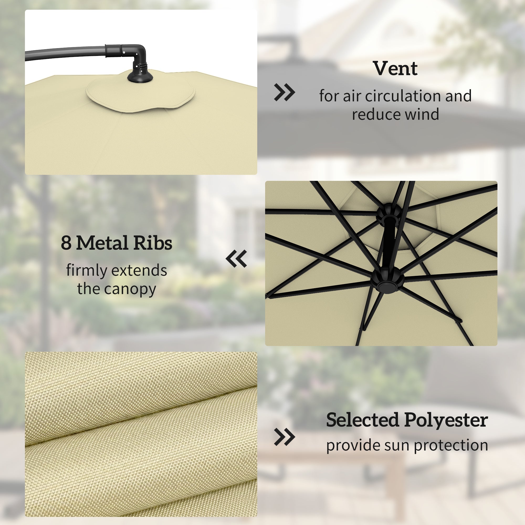 Outsunny 3m Overhanging Parasol, with Base, Weights and Cover - Sand brown 