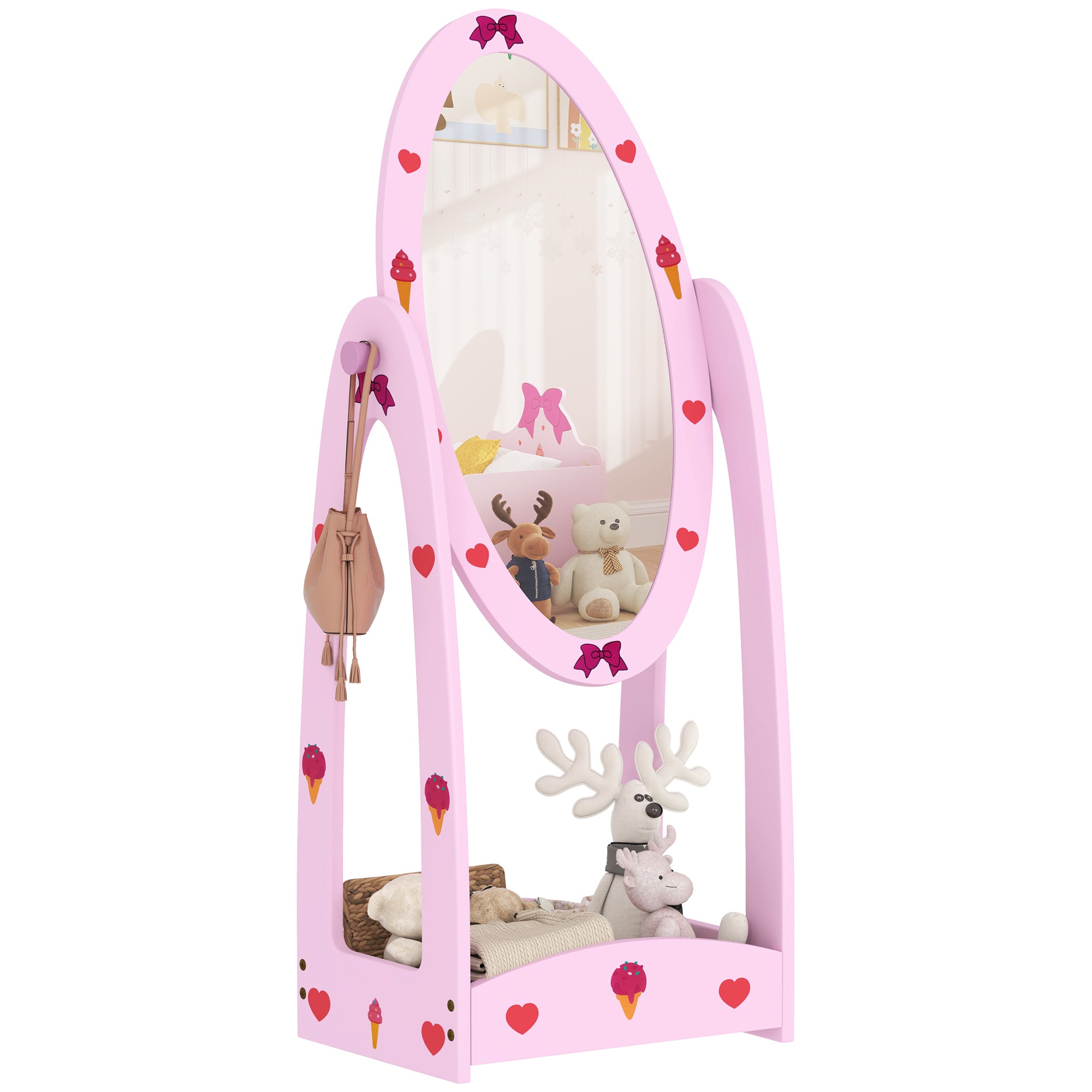 AIYAPLAY Kids Full Length Mirror, 360\'c2\'b0 Rotating Children Standing Mirror with Storage Shelf, Hot Pink