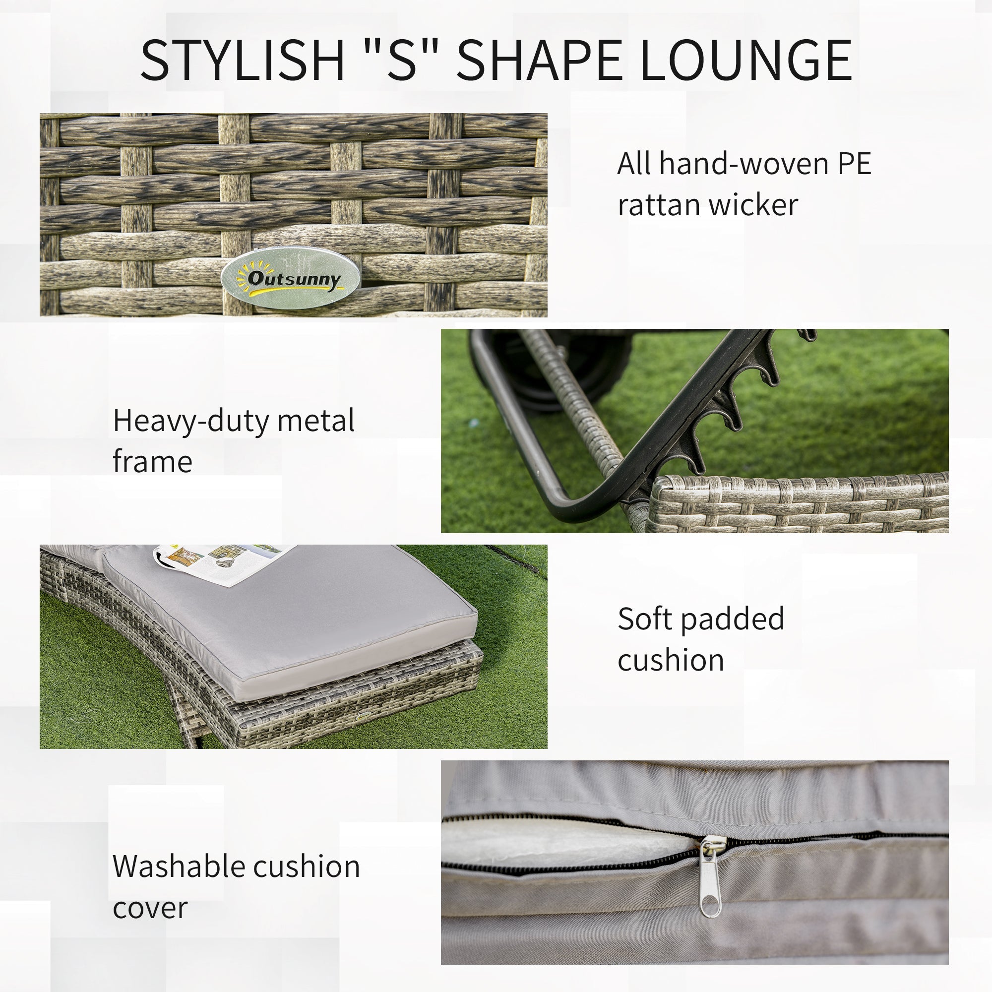 Outsunny Patio Wicker Chaise Lounge Chair, Outdoor PE Rattan Sun Lounger with Adjustable Backrest and 2 Wheels, Grey 
