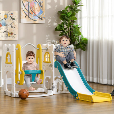 AIYAPLAY 6-in-1 Swing and Slide Set, Kids Playground with Basketball Hoop, Telescope, Storage Space - Yellow 