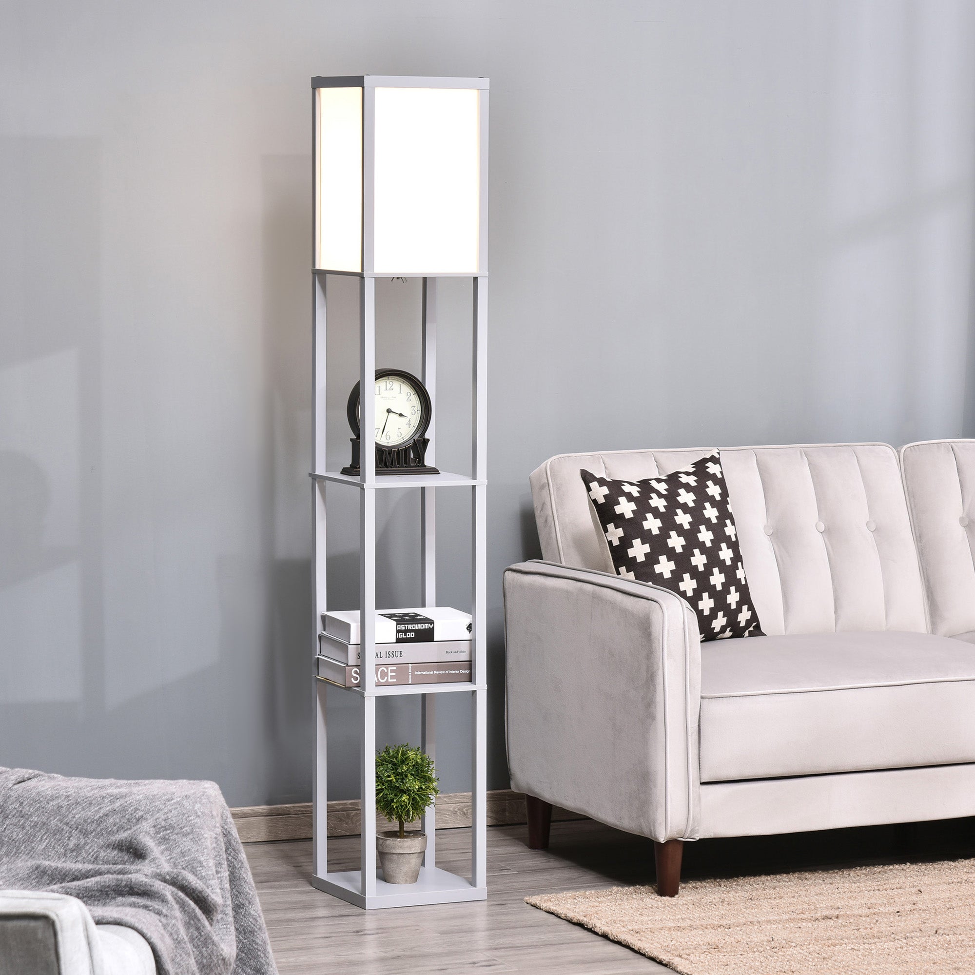 HOMCOM 3-Tier Floor Lamp, Floor Light with Storage Shelf, Reading Standing Lamp with Acrylic Shade for Living Room, Bedroom, Kitchen, Dining Room, Office, Dorm, 160cm, Grey 
