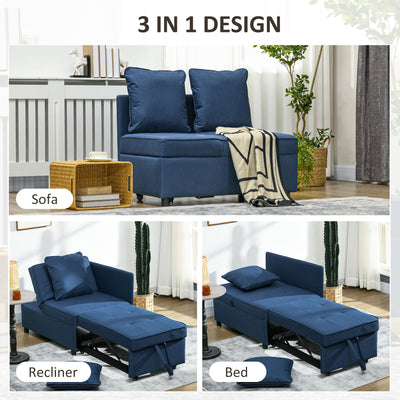 HOMCOM Convertible Single Sofa Bed with Thick Padded Seat, 3-in-1 Multi-Functional Sleeper Chair Bed with Magazine Pocket, for Living Room, Blue 