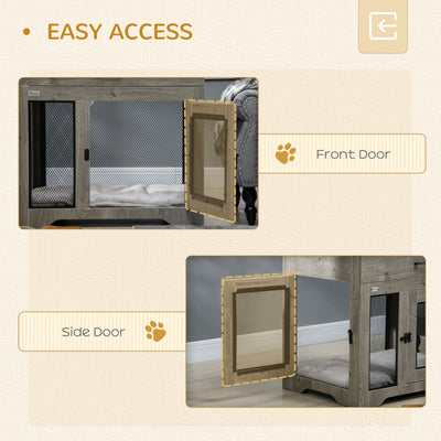 PawHut Dog Cage End Table with Two Doors, Drawer, for Medium Dogs - Grey 