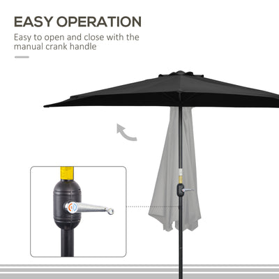 Outsunny 2.7m Garden Half Parasol, Outdoor Balcony Umbrella with 5 Steel Ribs, Patio Sun Shade, Black 