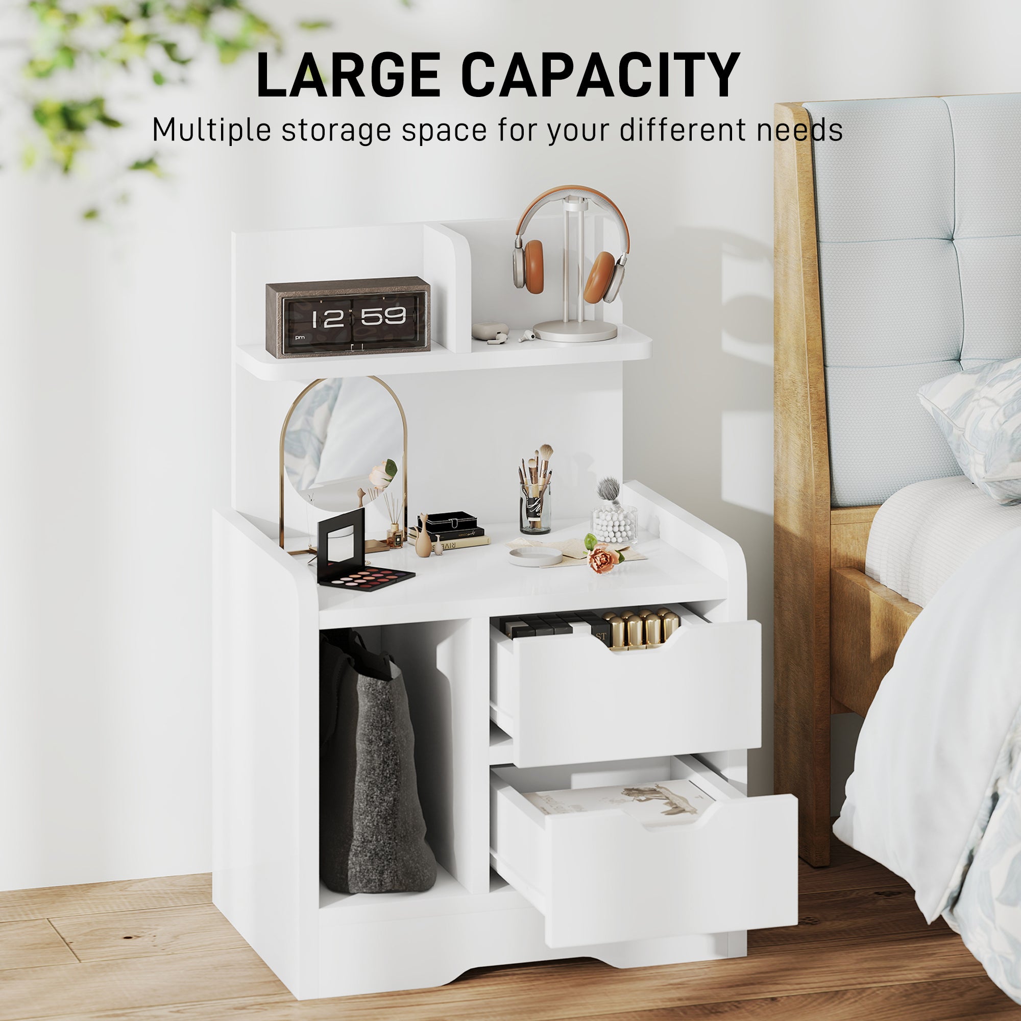 HOMCOM Bedside Table with 2 Drawers and Open Shelves - High Gloss White 