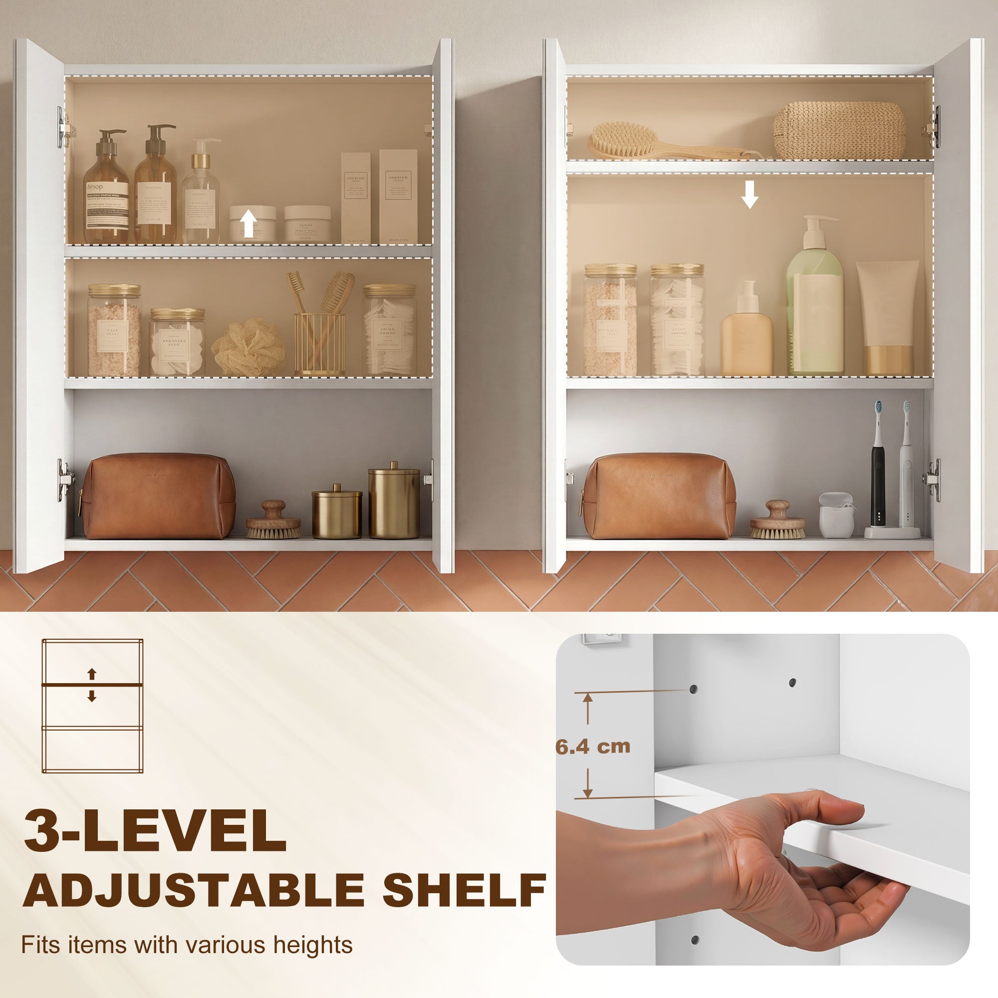 HOMCOM Wall Mounted Bathroom Mirror Storage Cabinet w/ Door Adjustable Shelf, White 
