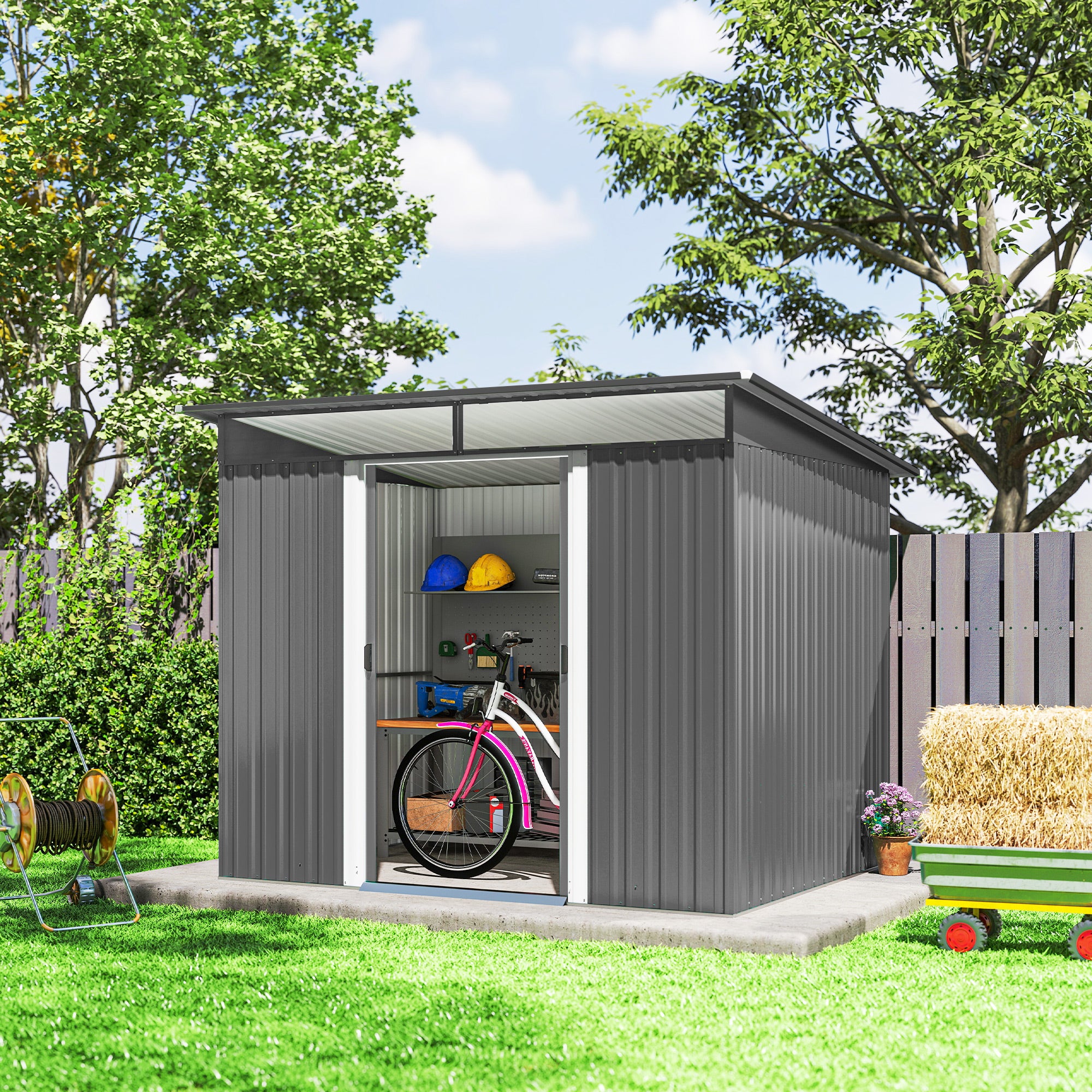 Outsunny 9ft x 6.5ft Garden Storage Shed with Top Window, Metal Outdoor Shed Tool House with Double Doors, Light Grey 