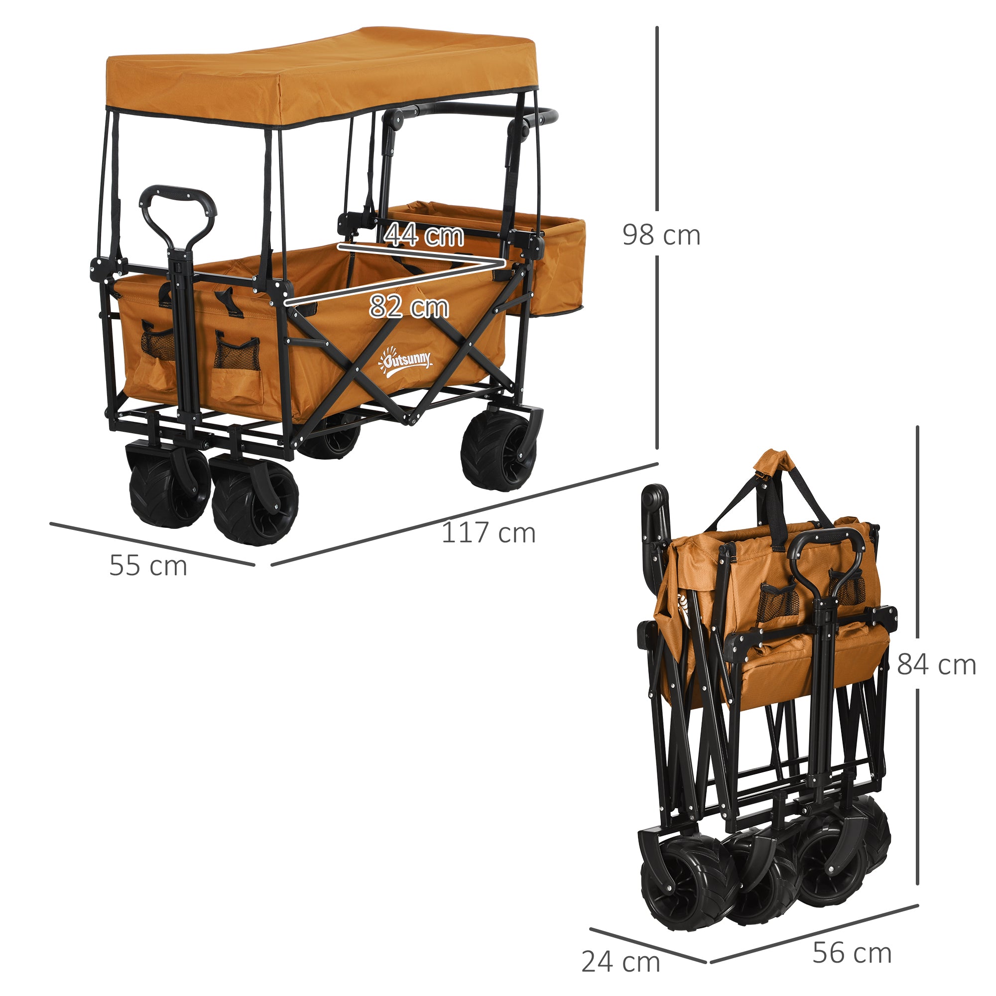 Outsunny Folding Trolley Cart Storage Wagon Beach Trailer 4 Wheels with Handle Overhead Canopy Cart Push Pull For Shopping Camping, Orange