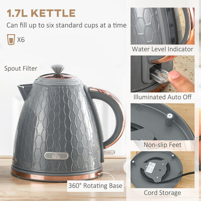 HOMCOM 1.7L 3000W Fast Boil Kettle & 4 Slice Toaster Set, Kettle and Toaster Set with 7 Browning Controls, Crumb Tray, Grey 